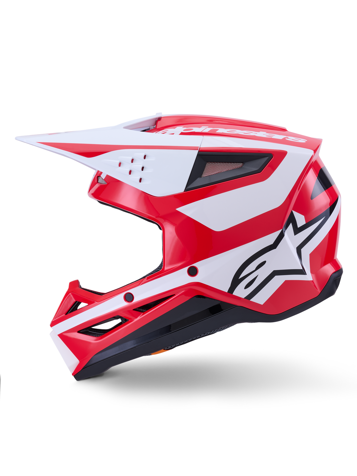Alpinestars S-M3 Heat hjälm, röd och vit glansig motocrosshjälm, ECE-certifierad, sidoprofil.