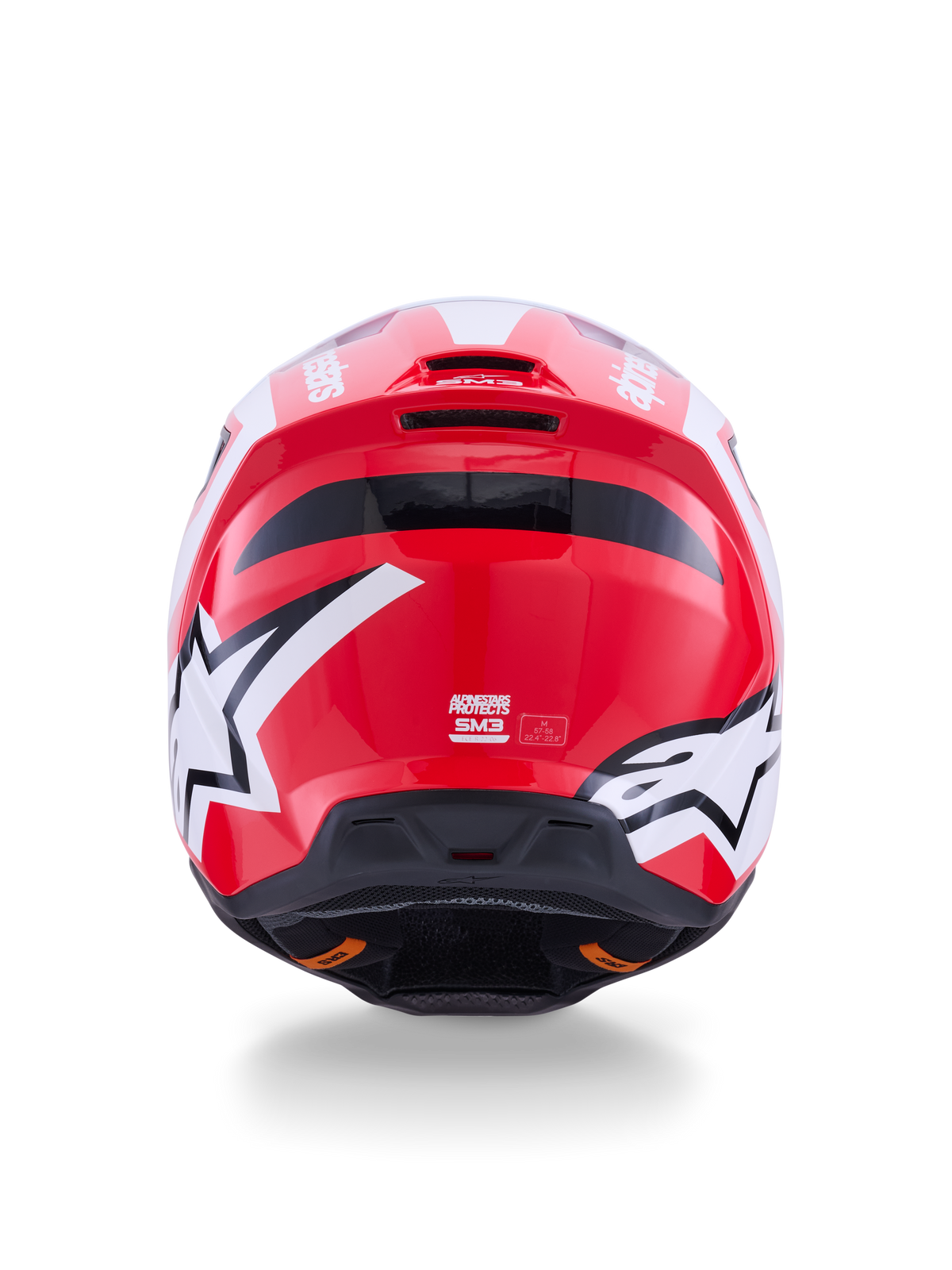 Alpinestars S-M3 Heat hjälm, motocrosshjälm, blank röd och vit, vy bakifrån med stjärnlogotyper och integrerade luftutsläpp.