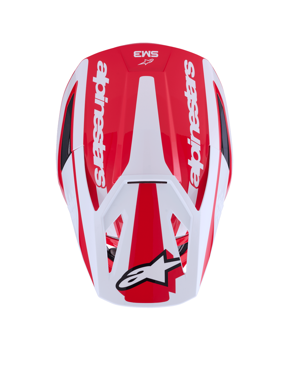 Alpinestars S-M3 Heat hjälm, röd och vit motocrosshjälm, ECE 22.06-certifierad, vy uppifrån av det aerodynamiska skalet.