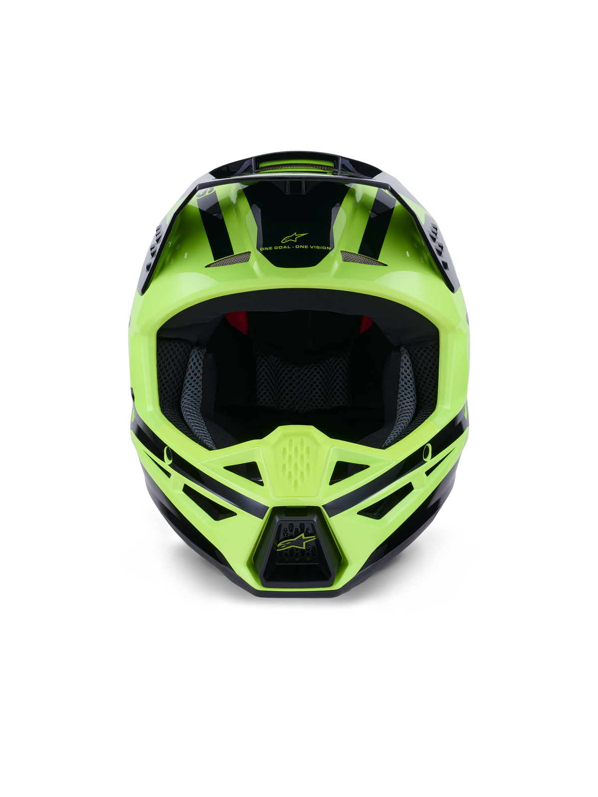 Alpinestars S-M3 Heat-hjälm, vy framifrån, Yellow Fluo och blanksvart, professionell motocross- och offroad-hjälm, med ventilerat hakparti och strömlinjeformad aerodynamisk design med svarta detaljer.