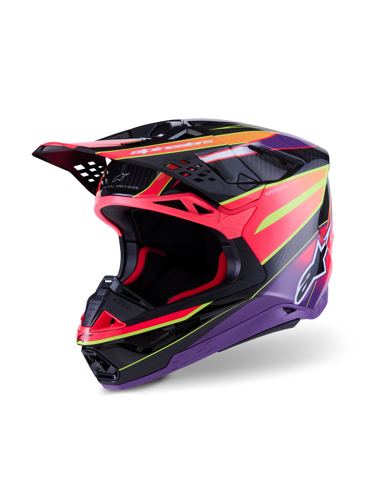 Alpinestars Supertech M10 Era-hjälm, motocrosshjälm, rosa, violett och neongul blank finish, multikompositskal i kolfiber, aerodynamisk design med 28 ventilationsportar, livfull grafik med Alpinestars logotyp, professionell racingutrustning för terrängkörning