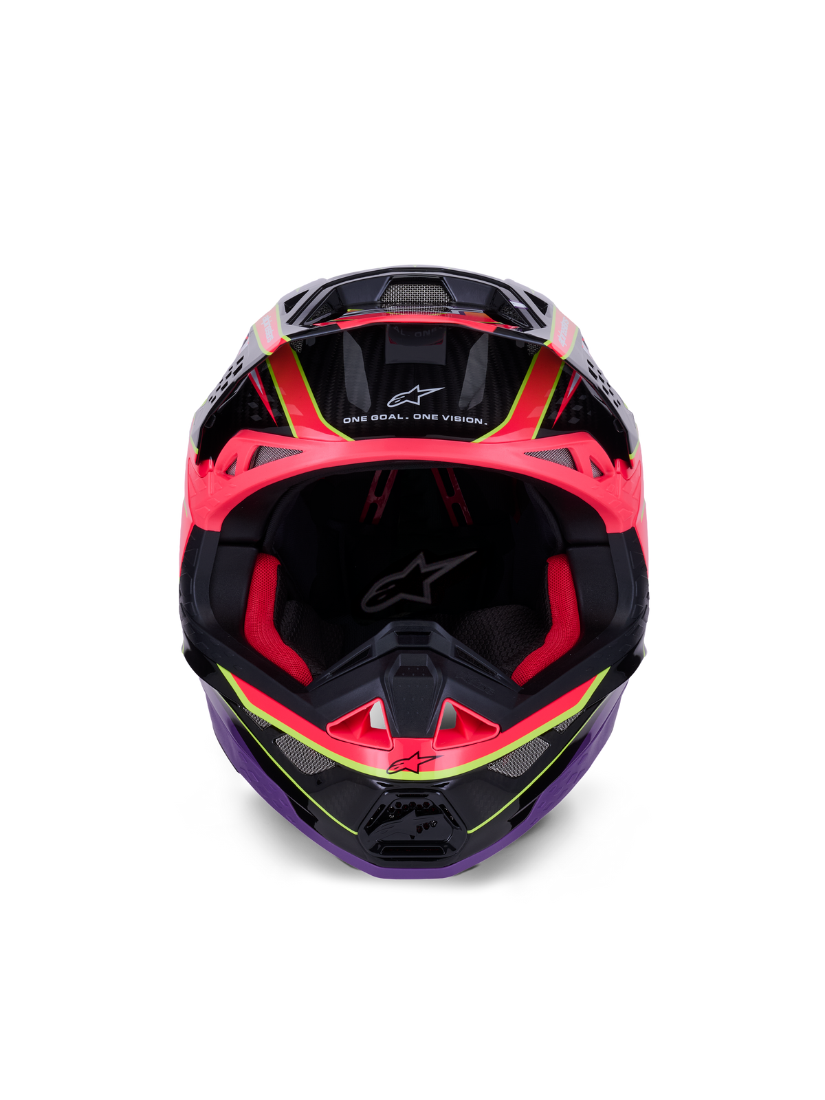 Alpinestars Supertech M10 Era hjälm, motocrosshjälm, rosa, violett och gul fluo blank finish, vy framifrån som visar röd invändig stoppning och kolfiberdetaljer, med texten 'One Goal. One Vision.', professionellt skydd för terrängkörning
