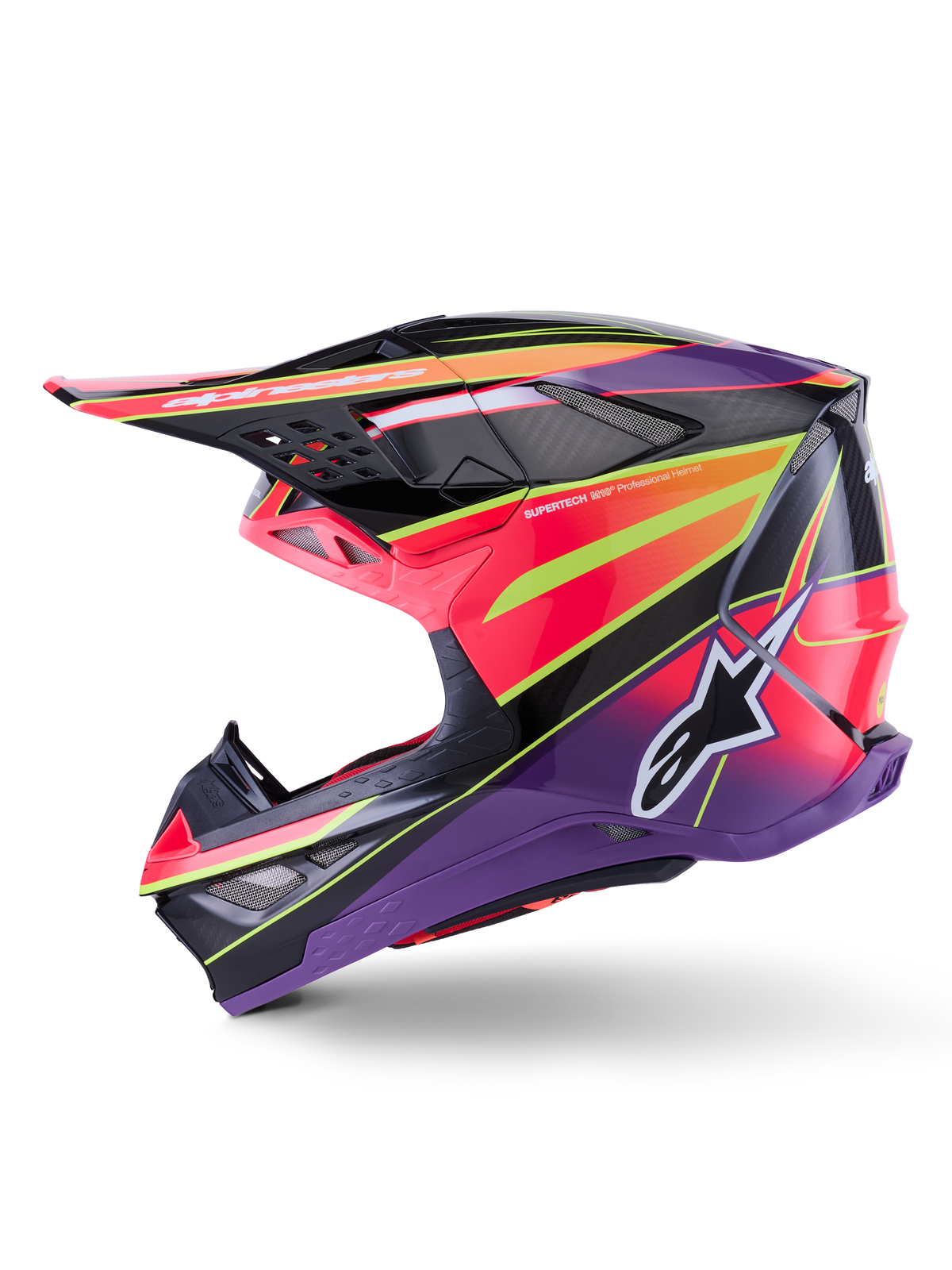 Alpinestars Supertech M10 Era hjälm, motocrosshjälm, rosa, lila och fluorescerande gul glansig, sidoprofil som visar djärv geometrisk grafik och kolfibertextur, med Alpinestars stjärnlogotyp, integrerade ventilationsöppningar och en strömlinjeformad aerodynamisk design för terrängkörning