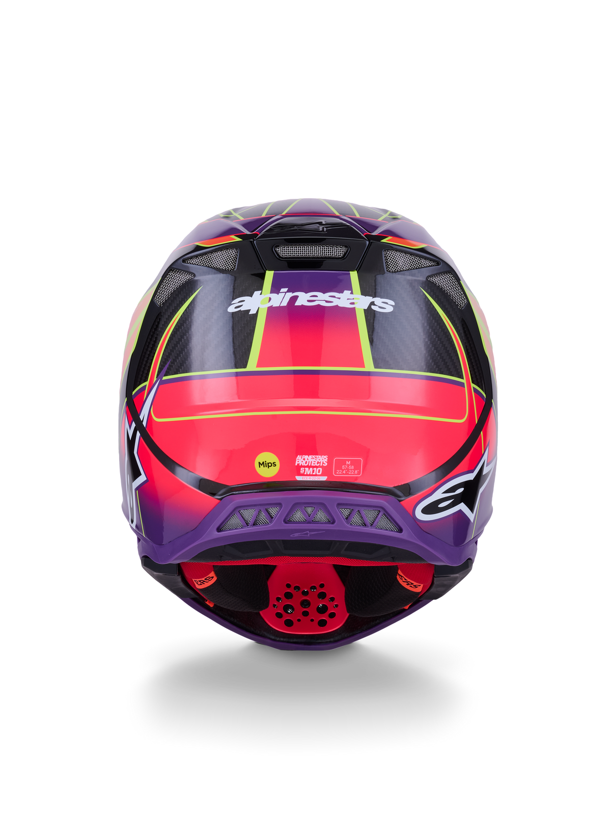 Alpinestars Supertech M10 Era-hjälm ECE 22.06, baksida, rosa, violett och neongul glansig finish, motocrosshjälm med kolfiberkonstruktion och MIPS-skyddsteknik