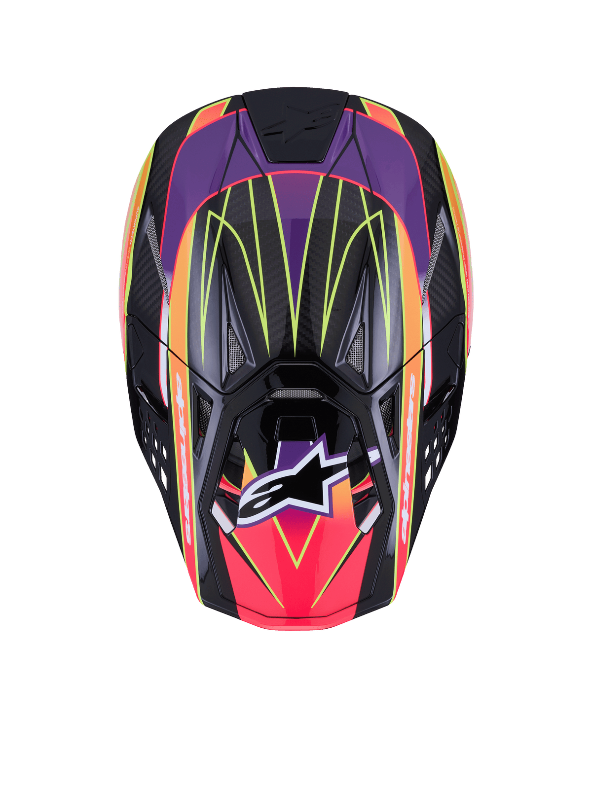 Alpinestars Supertech M10 Era Hjälm ECE 22.06, motocrosshjälm, rosa, violett och neongul glansig finish, vy uppifrån som visar kolfiberskal med hög densitet, livfulla geometriska mönster, integrerade ventilationsöppningar och den ikoniska Alpinestars-logotypen