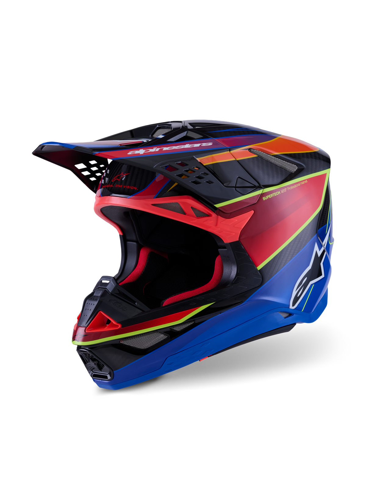 Alpinestars Supertech M10 Era-hjälm, motocrosshjälm, blå, röd och gul fluo-blank, professionell skaldesign i multikomposit-kolfiber med avancerade ventilationsöppningar och aerodynamiskt visir för terrängkörning