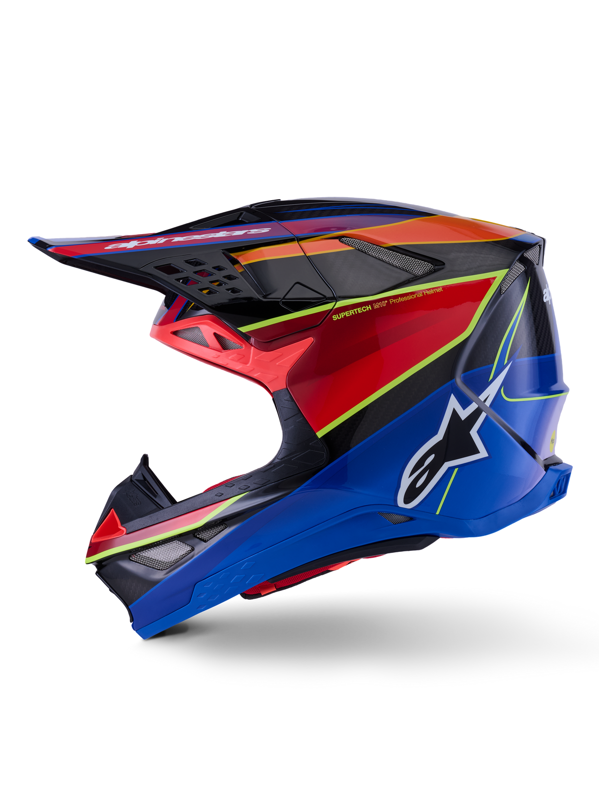 Alpinestars Supertech M10 Era hjälm, motocrosshjälm, blå, röd och neongul glansig finish, sidoprofilvy med ett aerodynamiskt kolfiberskal, tydlig Alpinestars-logotyp på sidan och flera ventilationsöppningar, professionell racingutrustning för terrängkörning