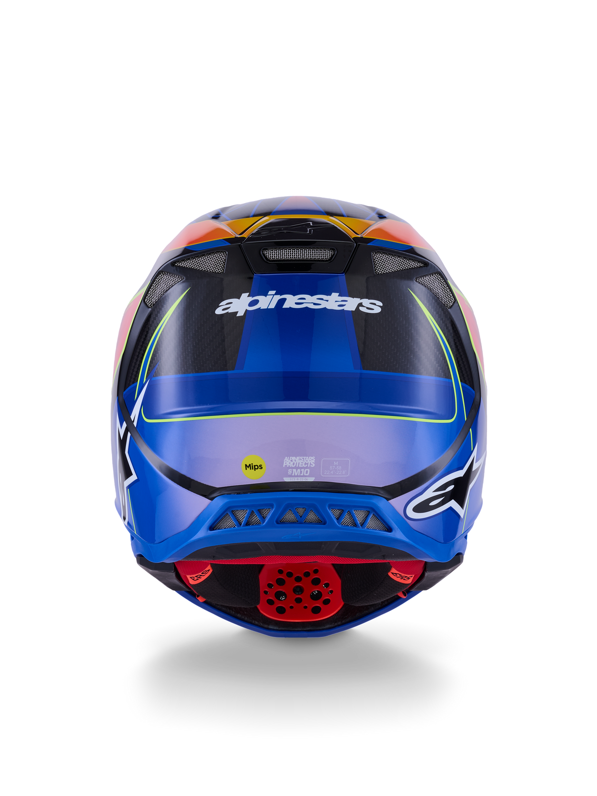 Alpinestars Supertech M10 Era hjälm, motocrosshjälm, sedd bakifrån, blå röd gul fluo blank finish, med ventilationsöppningar, skal i kolfiberkomposit, Alpinestars-logotyp och MIPS-dekal, avancerat skydd för terrängkörning