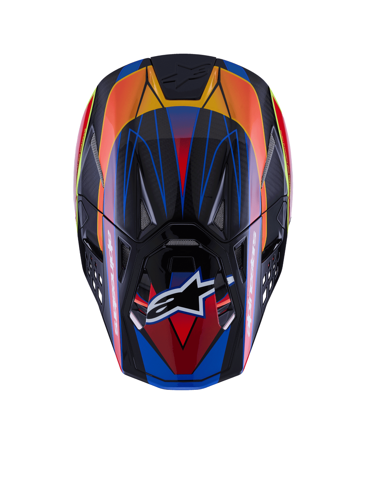 Alpinestars Supertech M10 Era-hjälm, vy ovanifrån, blå, röd och neongul blank finish, kolfiberskal, flera ventilationsintag med nät, Alpinestars-logotyp på visiret, avancerad skyddsutrustning för motocross