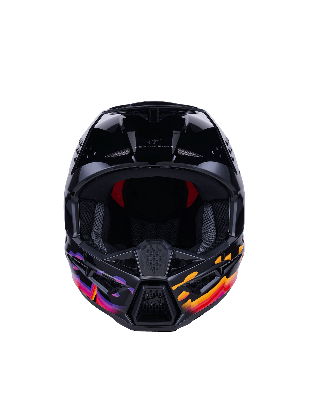 Alpinestars S-M3 Force OCD Helmet, Motocross Helmet, Glossy Black with vibrant purple, orange, and red graphics, front view showing wide eye port and ventilated chin guard, featuring 'One Goal - One Vision' branding, professional off-road racing gear