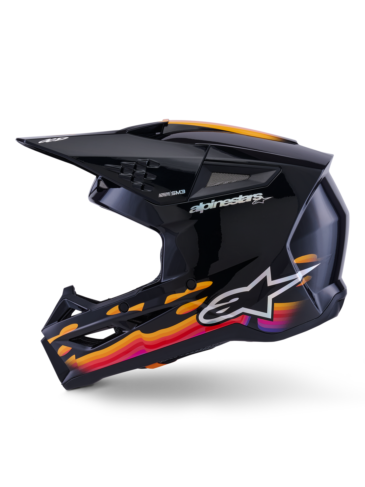 Alpinestars S-M3 Force OCD Helmet, Motocross Helmet, Black Glossy with vibrant orange, red, and purple wavy graphics, side view showing visor and ventilation ports, Alpinestars logo and branding, high-performance off-road racing gear