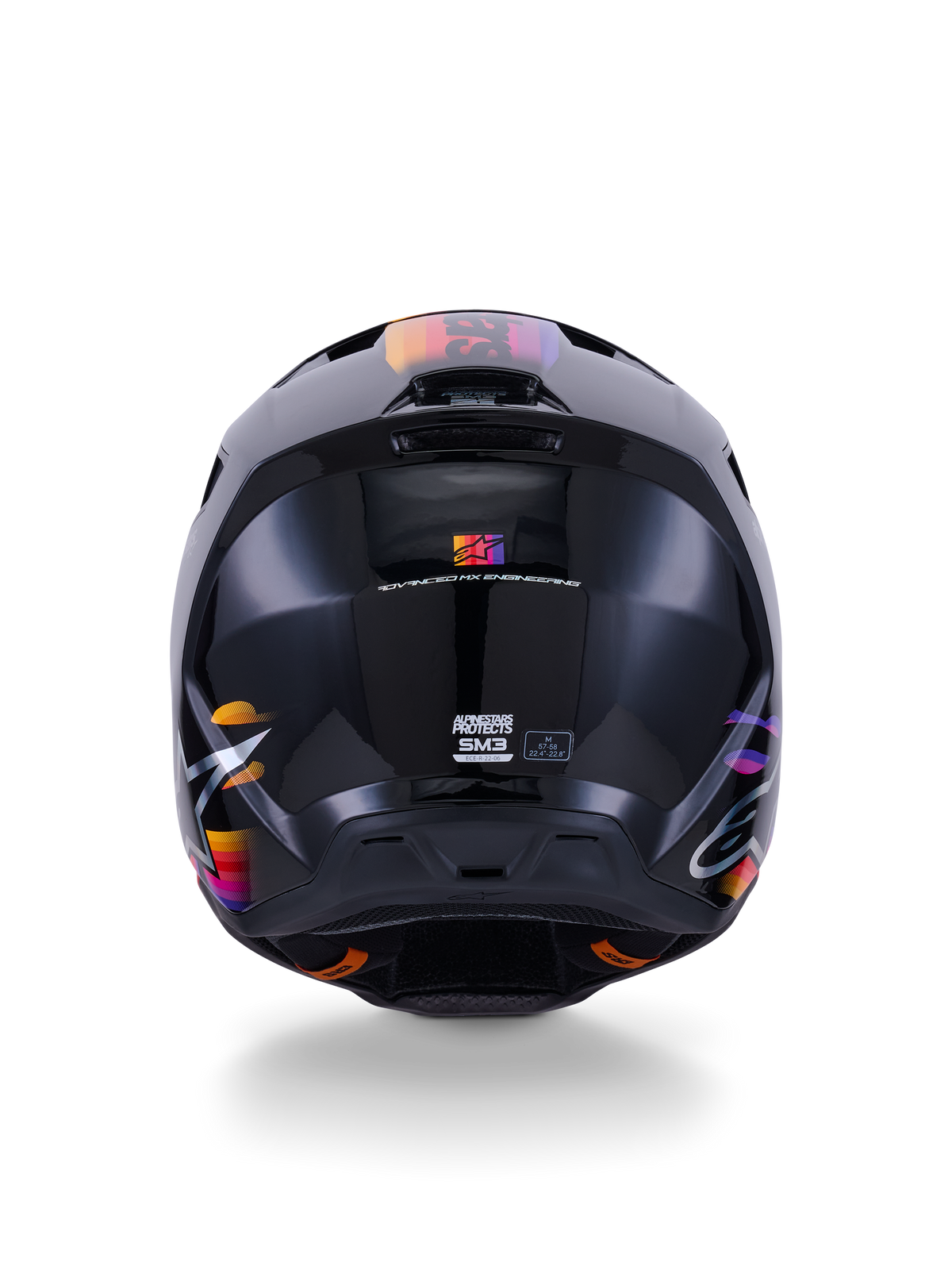 Alpinestars S-M3 Force OCD Helmet, Black Glossy Motocross Helmet, Rear View, featuring vibrant orange pink and purple graphics, ECE 22.06 certification mark, aerodynamic thermo-injected shell design