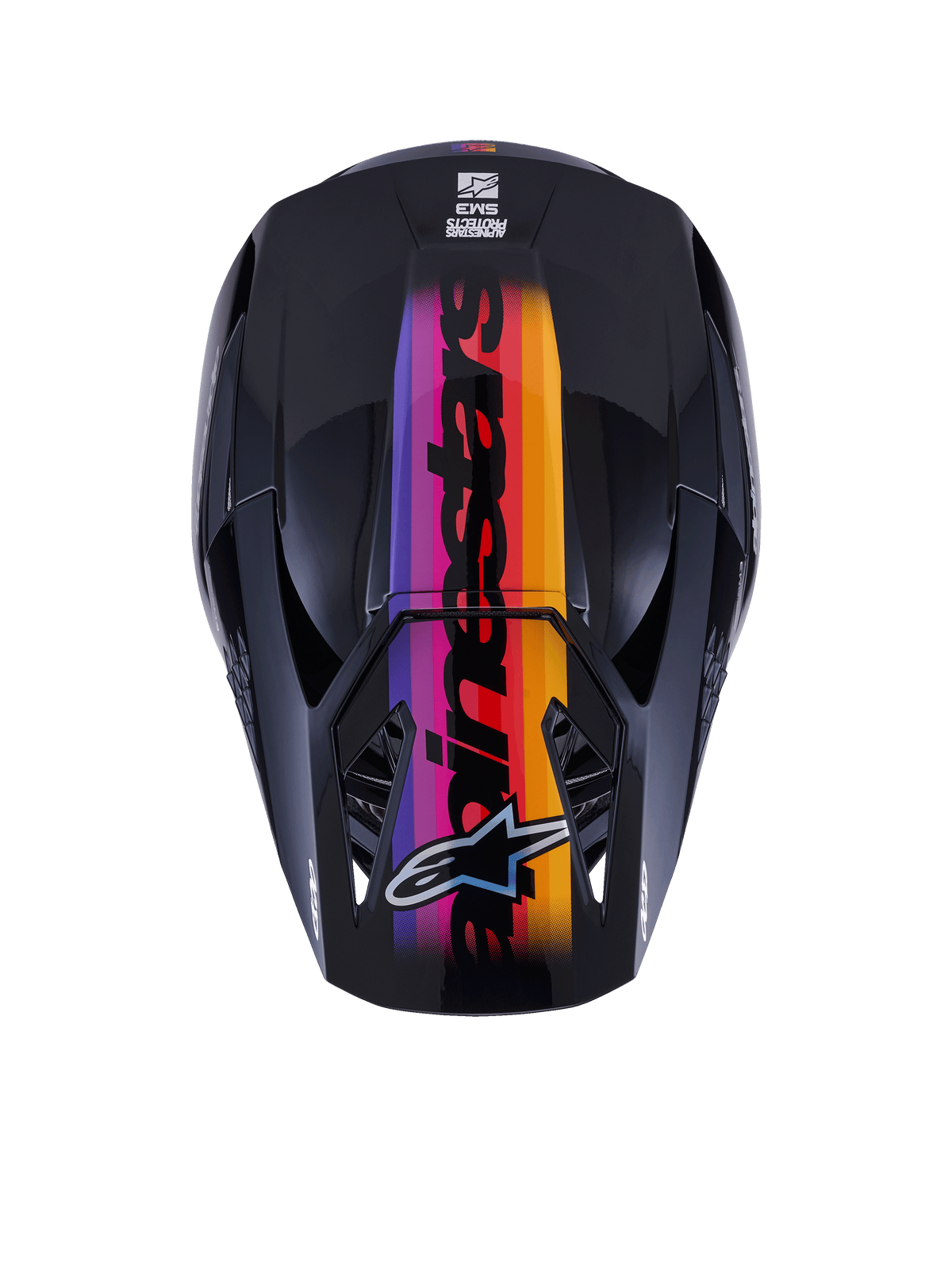 Alpinestars S-M3 Force OCD Helmet, Motocross Helmet, Top-down view, Glossy Black with a vibrant purple, pink, red, orange, and yellow gradient stripe, featuring bold Alpinestars branding and logo, designed for off-road performance