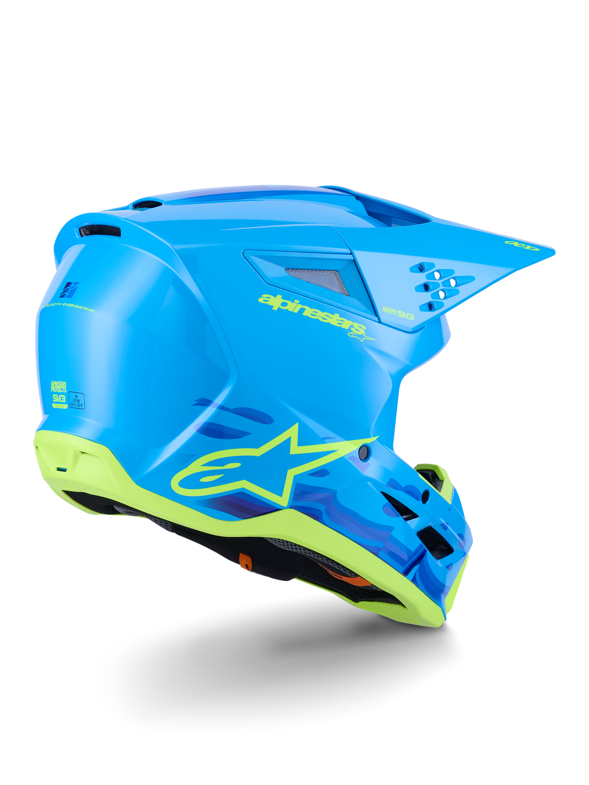 Alpinestars S-M3 Force OCD-hjälm, motocrosshjälm, Cyan Glossy med svarta och vita detaljer, strömlinjeformad aerodynamisk design, integrerade ventilationsöppningar och skyddande visir för terrängprestanda