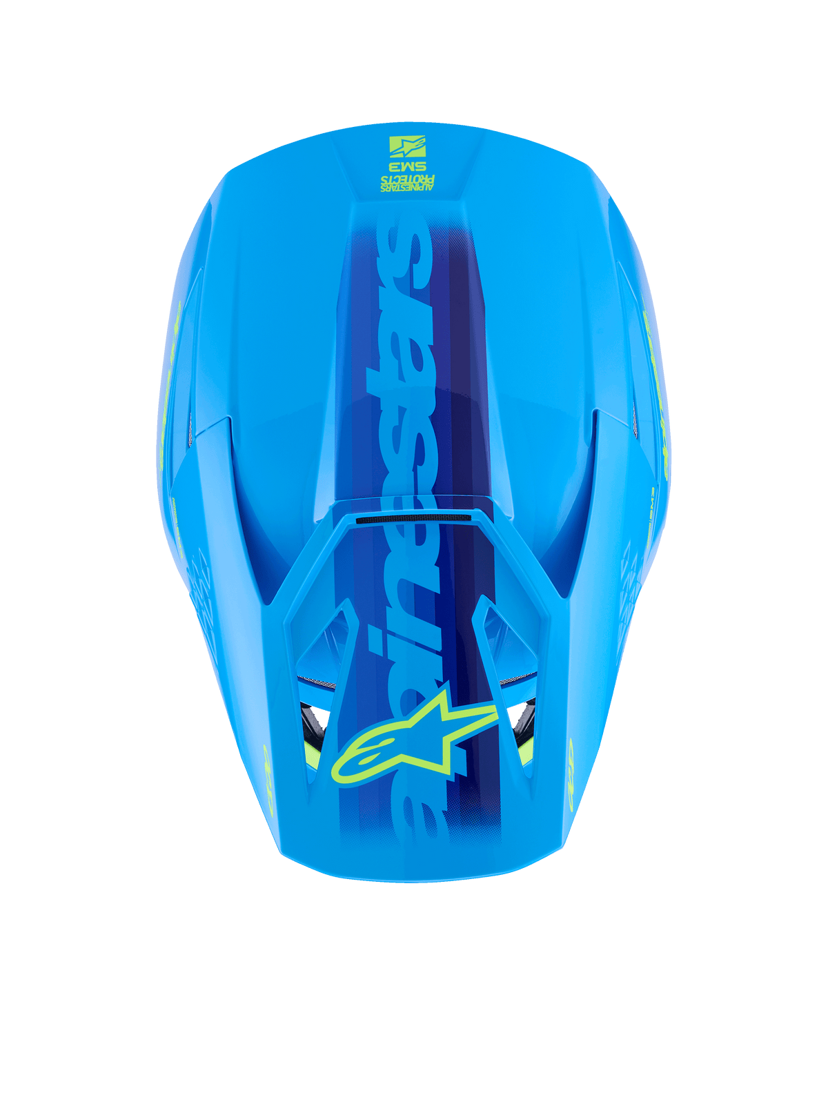 Alpinestars S-M3 Force OCD-hjälm, Cyan Glossy, motocrosshjälm sedd uppifrån vilket visar det aerodynamiska skalet, stor blå Alpinestars-logotyp med gul stjärnlogotyp på visiret, elegant blank finish.