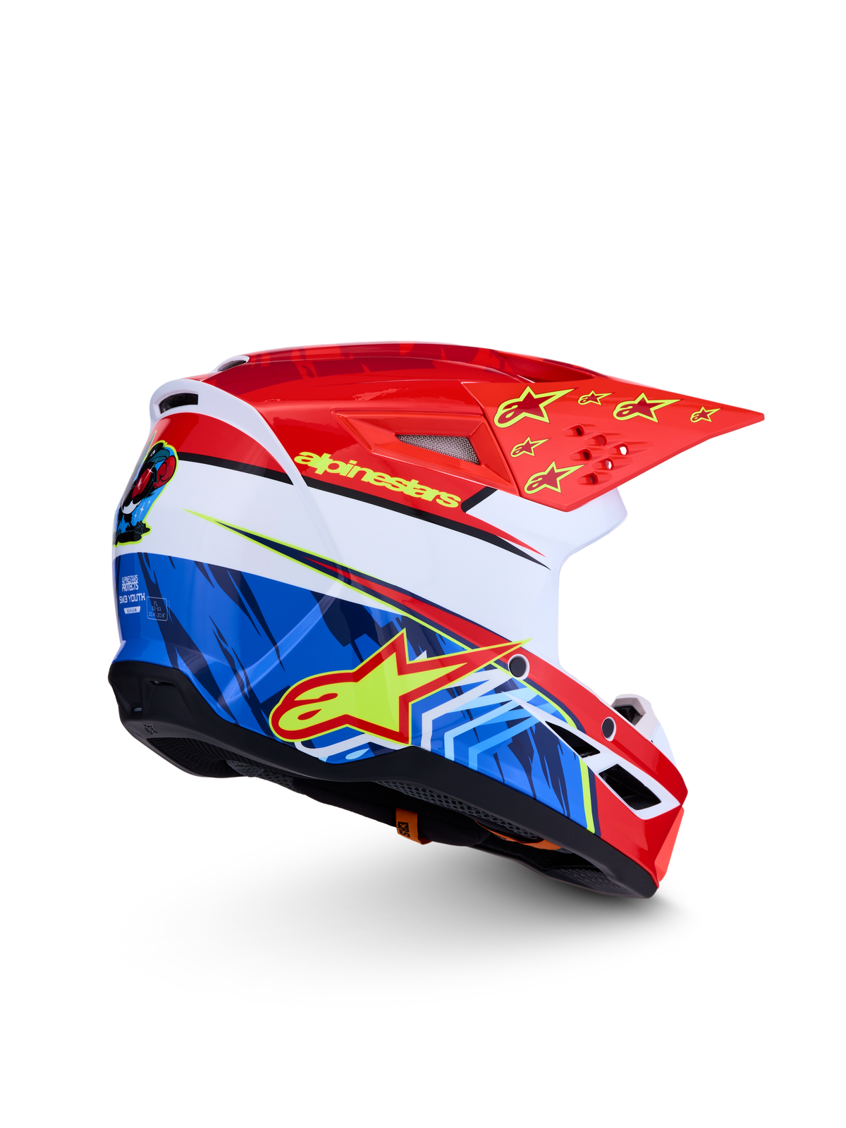 Alpinestars SM3 Falcon ungdom hjälm ECE06, röd och blå motocrosshjälm med gula stjärngrafiker, ECE 2206-certifierad, lätt konstruktion för enduro och terrängkörning