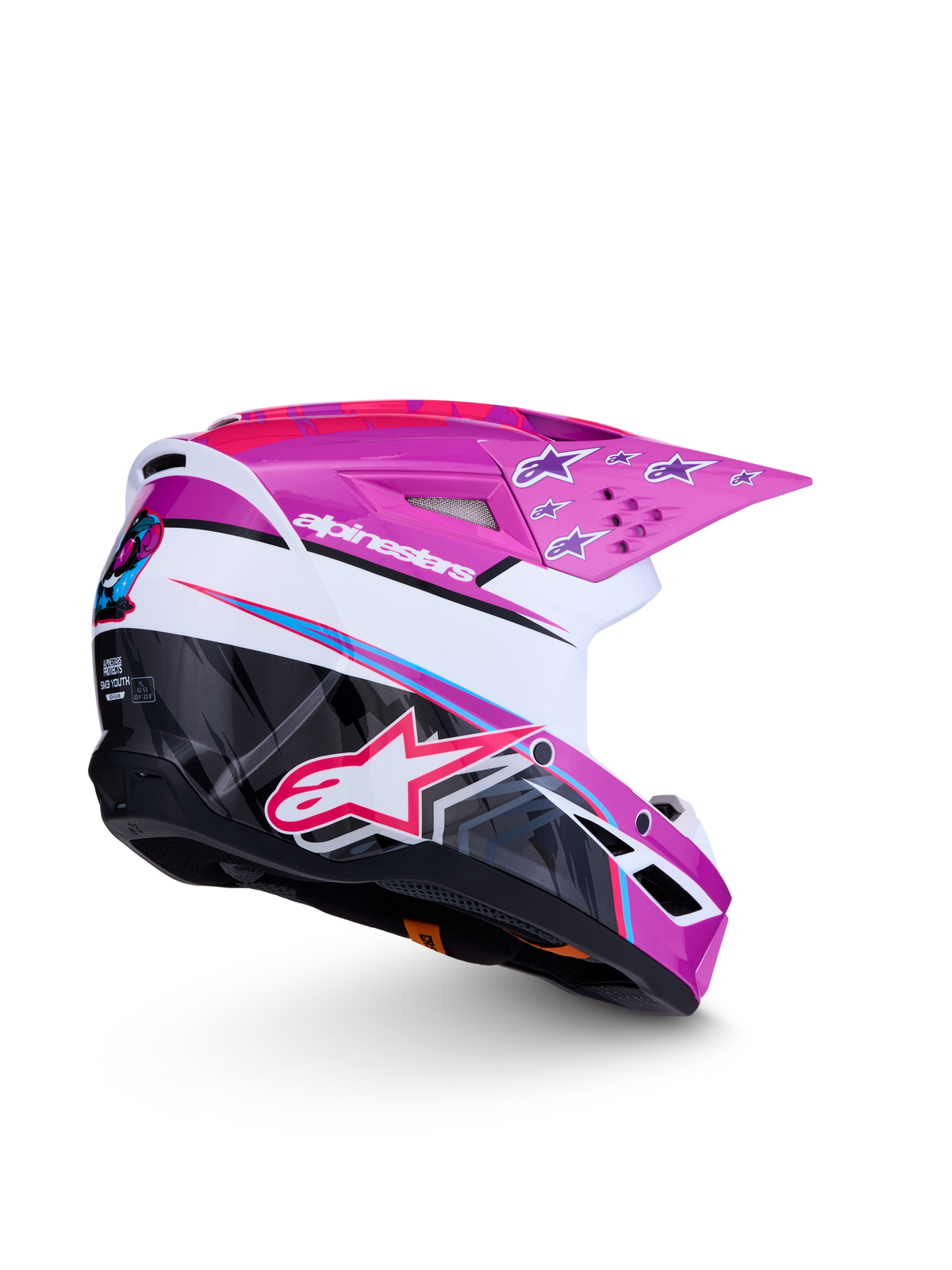 Alpinestars SM3 Falcon ungdomshjälm ECE06, lila och vit motocrosshjälm för ungdomar med glansig rosa stjärngrafik, CE-certifierad, aerodynamiskt skal för terrängkörning.