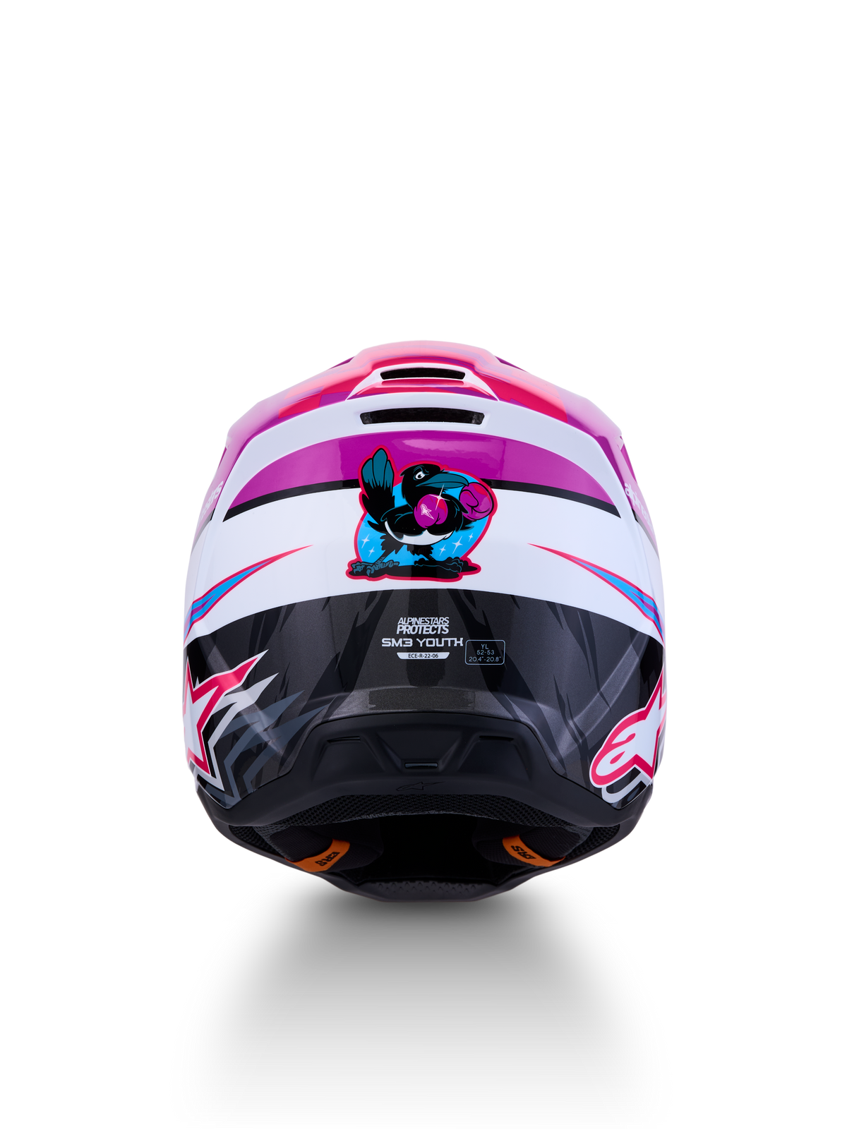 Alpinestars SM3 Falcon ungdomshjälm ECE06, lila och vit motocrosshjälm med rosa detaljer och fågelgrafik bak.