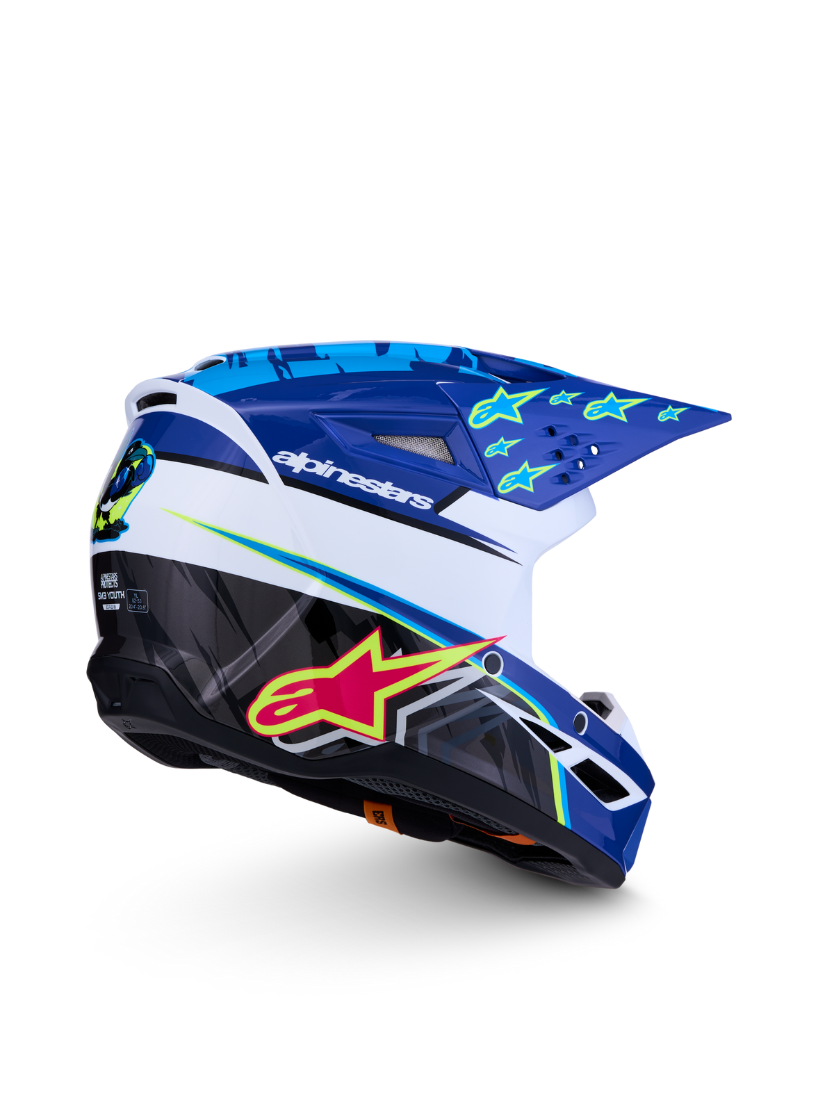 Alpinestars SM3 Ungdom Falcon hjälm, motocrosshjälm för barn, blå och vit med rosa och gul grafik, ECE 22.06-certifierad, designad för terrängkörning.