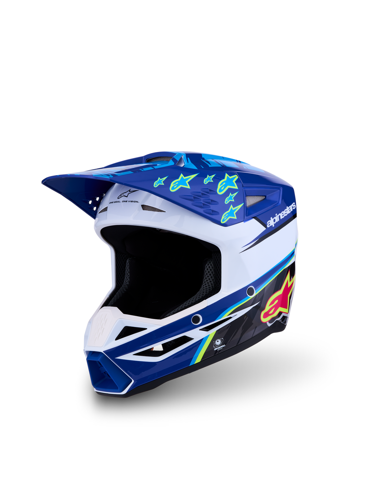 Alpinestars SM3 Ungdom Falcon hjälm ECE06, blå och vit motocrosshjälm för ungdomar med fluorgula detaljer, CE-certifierad.