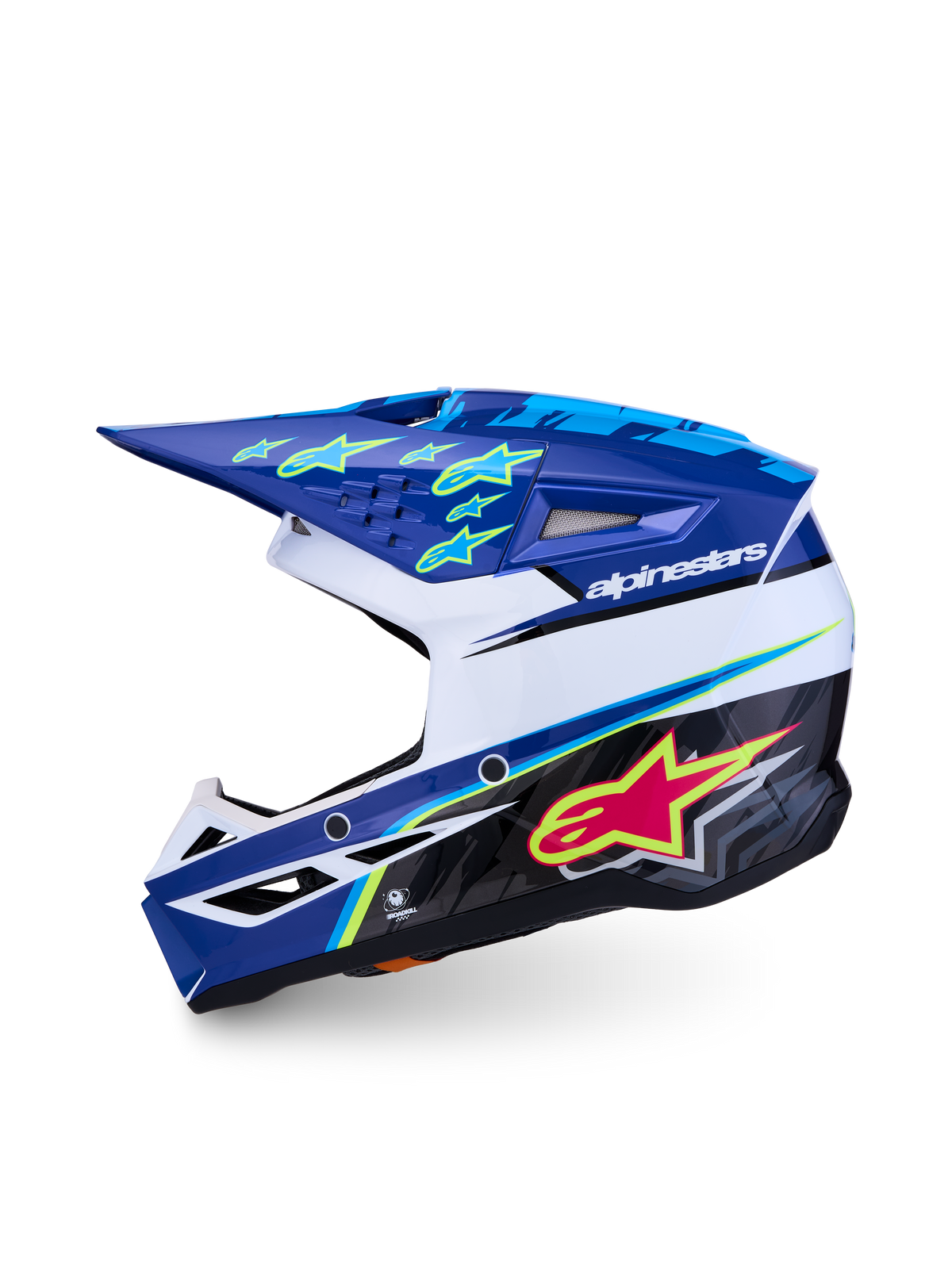 Alpinestars SM3 Ungdom Falcon hjälm ECE06, blå och vit motocrosshjälm, lättviktsskal för barn, certifierad för terrängkörning.