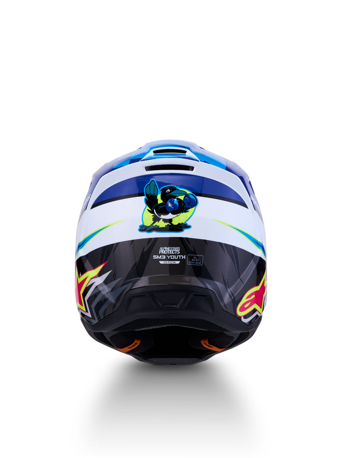 Alpinestars SM3 ungdom Falcon hjälm, blå och vit motocrosshjälm, vy bakifrån med falkmotiv, ECE-certifierad.