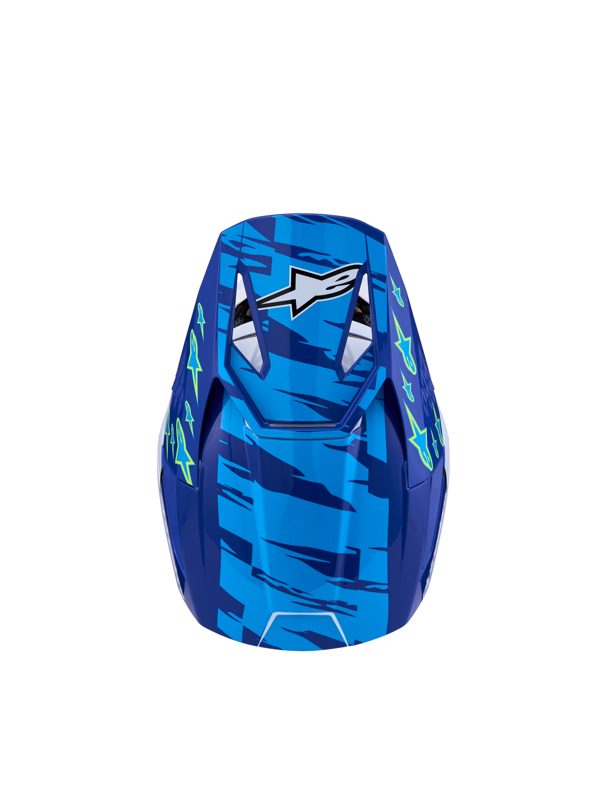 Alpinestars SM3 Ungdom Falcon hjälm ECE06, blå och gul motocrosshjälm för terrängkörning, vy bakifrån med Astars-logotyp och grafiska detaljer, CE-certifierad för unga förare