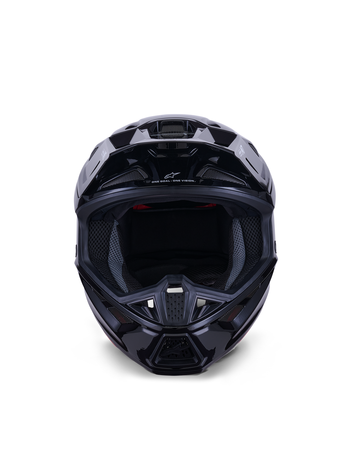 Alpinestars S-M7 Solid hjälm ECE 22.06, motocrosshjälm, Black Glossy, vy framifrån som framhäver det aerodynamiska kompositskalet, ventilationsöppningar på hakpartiet och invändig meshvaddering, strömlinjeformad finish för offroadracing