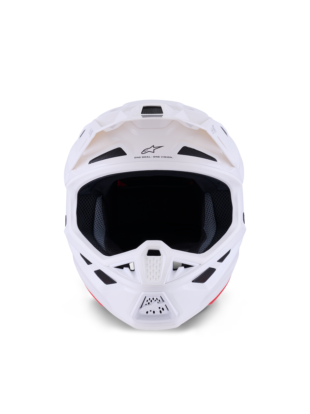 Alpinestars S-M7 Solid Helmet, Motocross Helmet, White Glossy, frontal view showing ventilation ports and chin guard, aerodynamic composite shell design for off-road racing