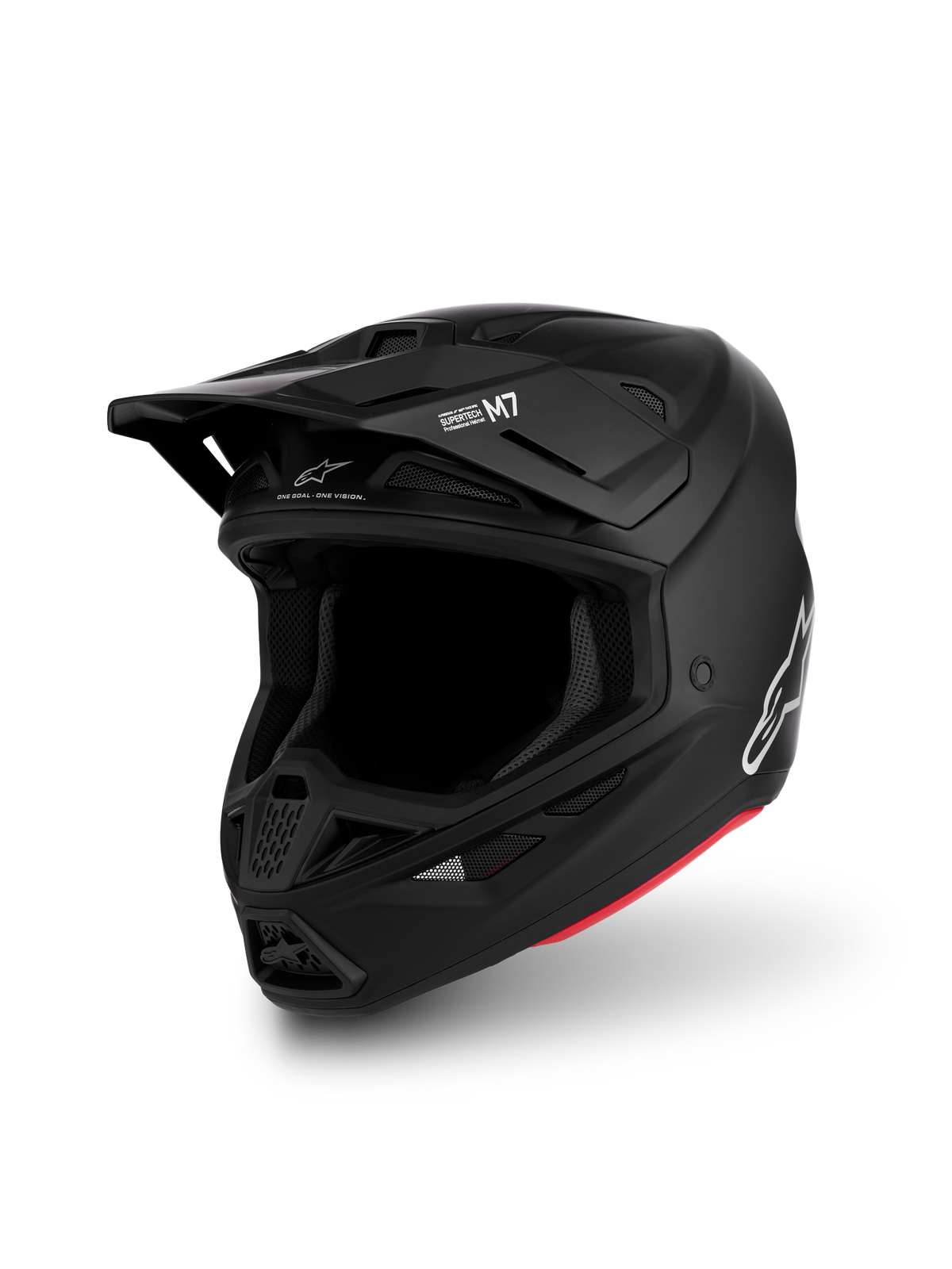 Alpinestars S-M7 Solid hjälm ECE06, mattsvart motocrosshjälm med aerodynamiskt skal, röda detaljer och ECE 22.06-certifiering.