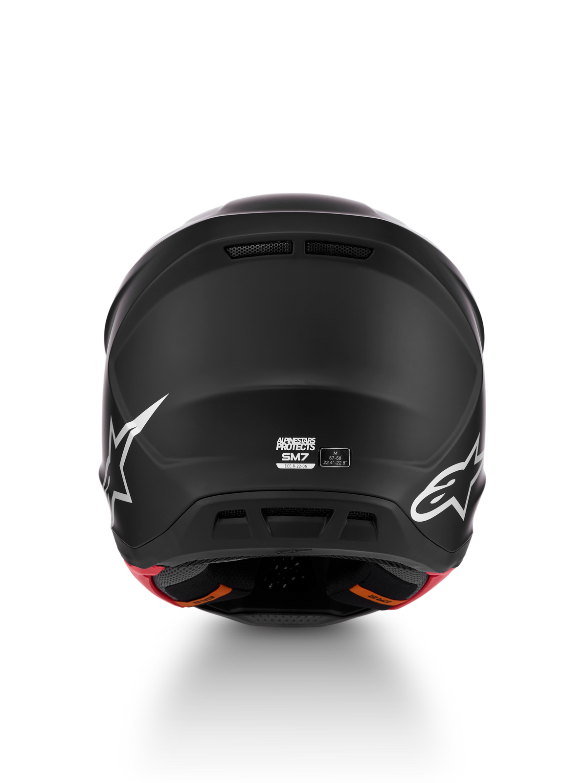 Alpinestars S-M7 Solid hjälm, matt svart motocrosshjälm bakifrån, ECE 22.06-certifierad, storlek M med vita logotyper.