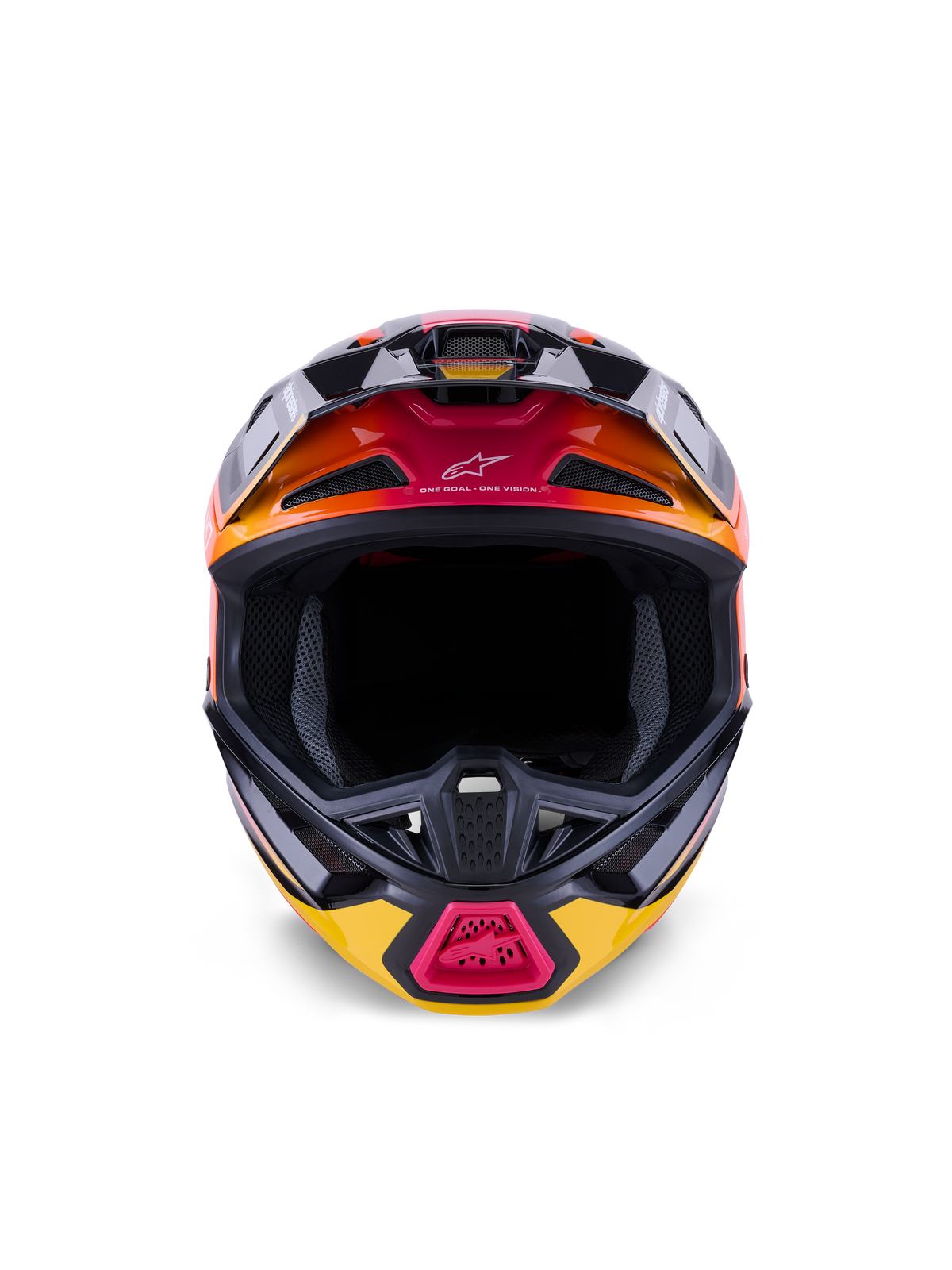 Alpinestars S-M7 Rise-hjälm ECE 22.06, motocrosshjälm, blank finish i svart, gult och rosa med orangea gradienter, vy framifrån som visar aerodynamiskt kompositskal, flera luftintag med nät och 'One Goal. One Vision.'-detaljer, designad för terrängkörning