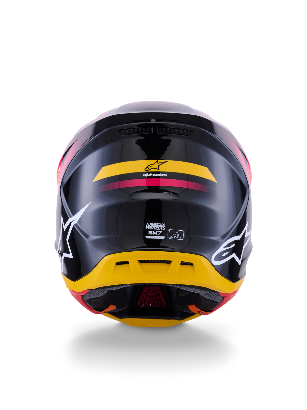 Alpinestars S-M7 Rise Helmet ECE 22.06, Motocross Helmet, Rear View, Glossy Black with Yellow and Pink accents, large white logos on sides, aerodynamic composite shell, off-road racing gear