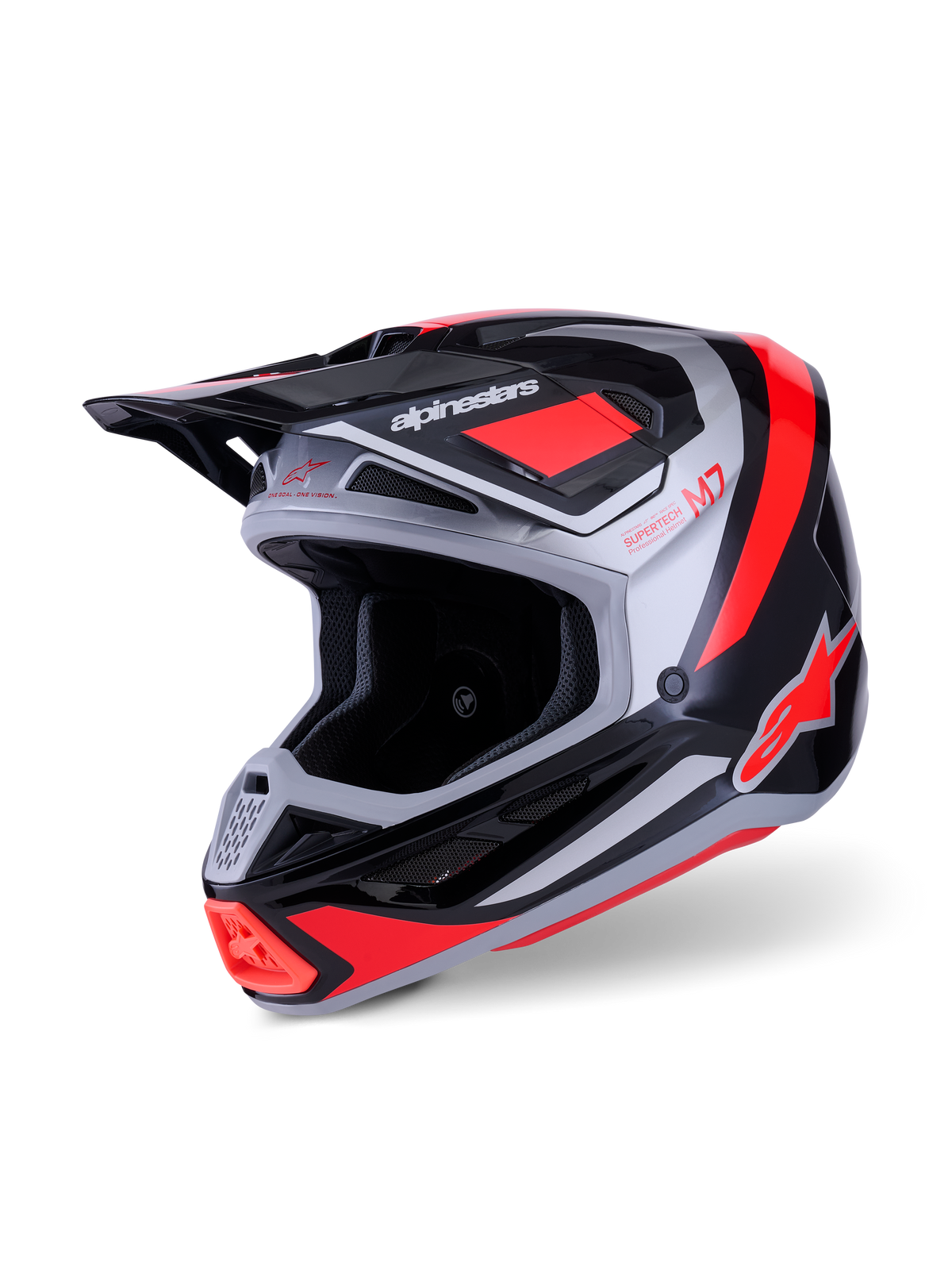 Alpinestars S-M7 Rise hjälm, motocrosshjälm, svart, silver och röd fluo glossy, aerodynamiskt kompositskal med flera ventilationsöppningar, justerbar skärm och tydlig branding för terrängkörning