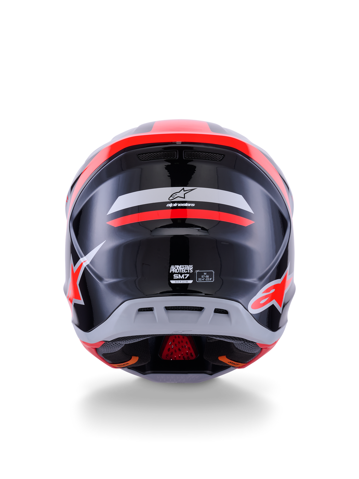 Alpinestars S-M7 Rise-hjälm ECE 22.06, motocrosshjälm, sedd bakifrån, svart, silver och röd fluo högblank, med Alpinestars-logotyp och S-M7-grafik, blank finish med aerodynamiskt skal och ventilationsdetaljer