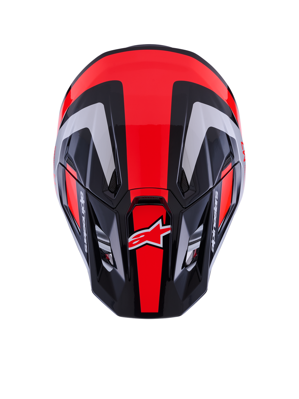 Alpinestars S-M7 Rise-hjälm ECE 22.06, motocrosshjälm, svart, silver och röd fluo i blank finish, vy uppifrån som visar det aerodynamiska skalet med ventilationsöppningar, med röda fluorescerande ränder och Alpinestars-profilering, professionell utrustning för terrängkörning