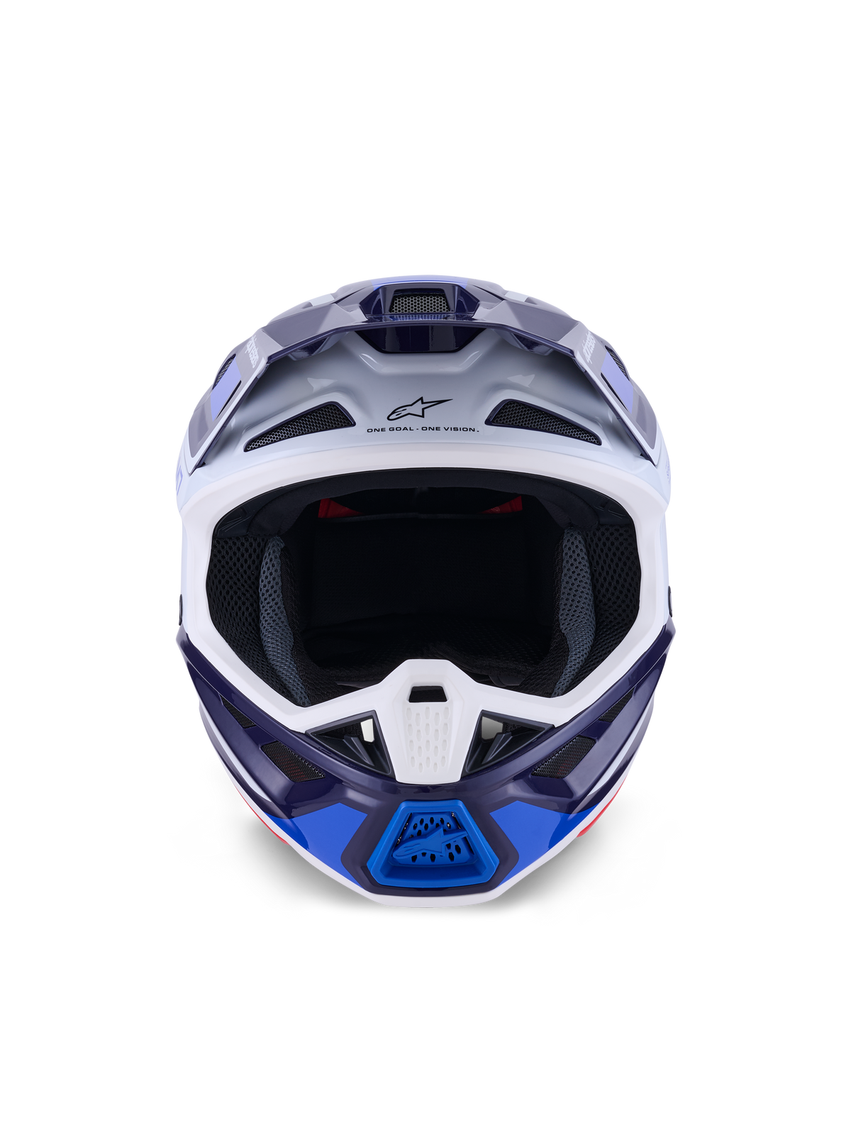 Alpinestars S-M7 Rise-hjälm, Blue White Glossy, vy framifrån, motocrosshjälm med flera ventilationsöppningar, Astars-logotyp på pannan, aerodynamisk kompositskalsdesign