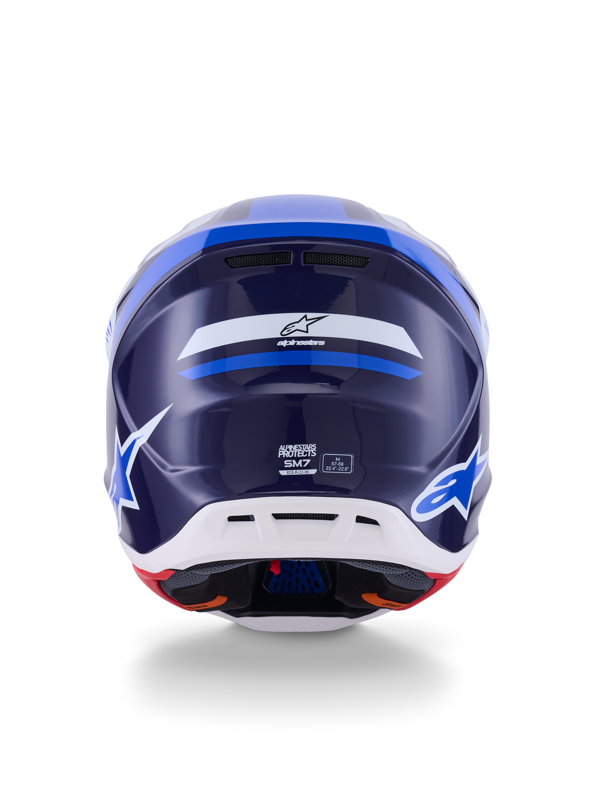 Alpinestars S-M7 Rise-hjälm, vy bakifrån, blå och vit glansig finish, med Alpinestars-logotyp och SM7-profilering, aerodynamiskt kompositskal med vit nederdel och ventilationsöppningar, högpresterande huvudskydd för motocross