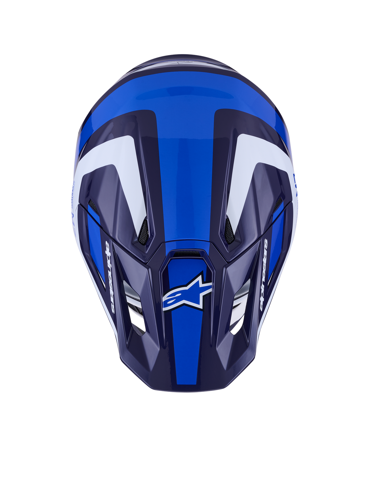 Alpinestars S-M7 Rise-hjälm, motocrosshjälm, blå och vit blank, vy uppifrån som visar det aerodynamiska skalet och ventilationsöppningar, med vit och mörkblå vinkelformad grafik och tydlig logotyp
