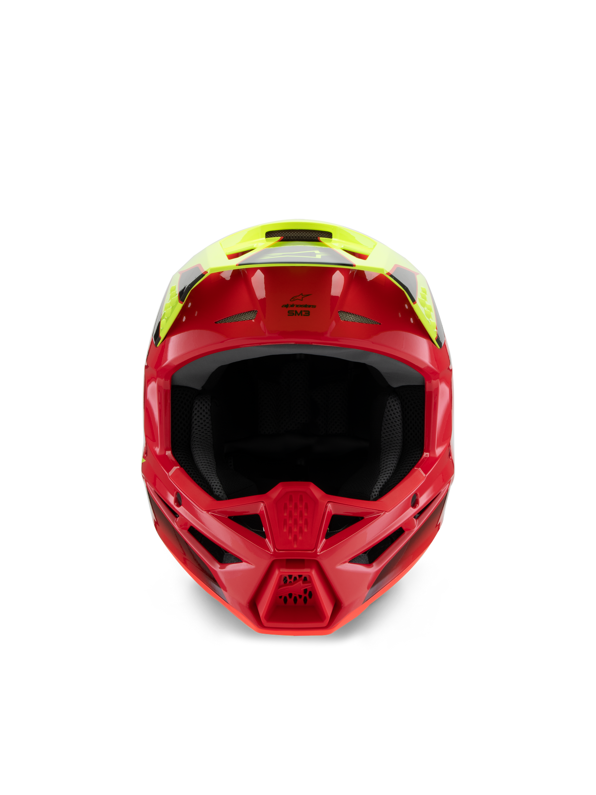 Alpinestars S-M3 Youth Fray-hjälm, motocrosshjälm, röd och neongul glossy, frontvy som framhäver ventilationsintag och aggressivt hakparti, specialiserat huvudskydd för terrängkörning för ungdomsförare