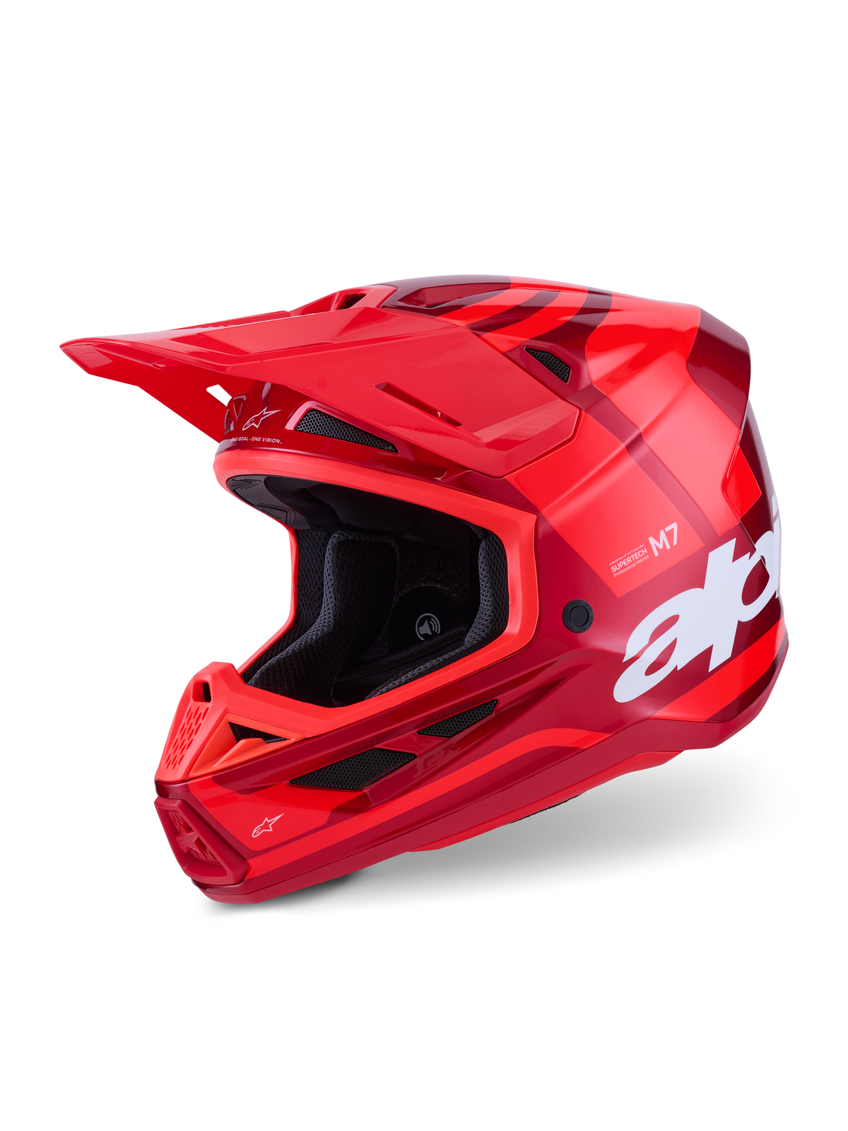 Alpinestars S-M7 Core-hjälm, motocrosshjälm, glansig röd, grafik i flera röda nyanser med stor vit logotyp, aerodynamiskt kompositskal med flera ventilationsöppningar och justerbart visir, professionell utrustning för terrängkörning