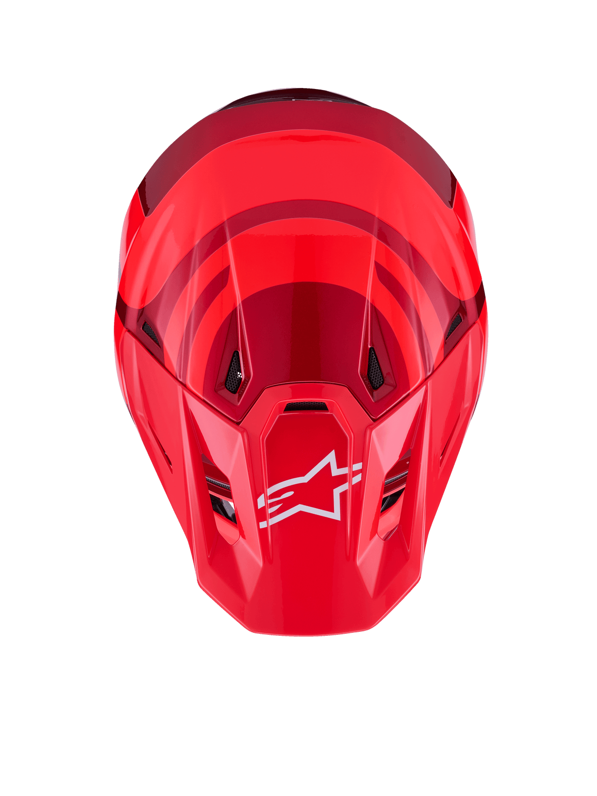 Alpinestars S-M7 Core hjälm, Red Glossy, vy uppifrån med aerodynamiskt skal och mörkare röda detaljer, vit A-stjärnlogotyp på visiret, integrerade ventilationsportar, högpresterande skyddsutrustning för motocross