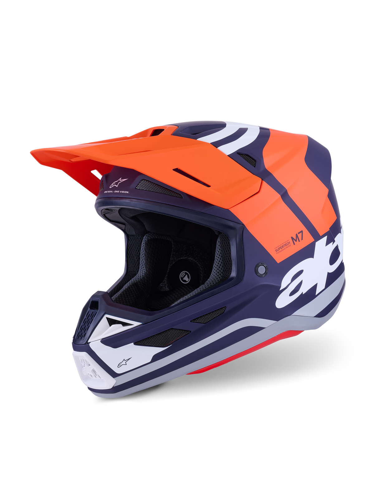 Alpinestars S-M7 Core Helmet ECE 22.06, motocrosshjälm, orange och marinblå matt, med framträdande vit logotyp, aerodynamiskt skal med integrerad ventilation, orange visir och professionell konstruktion för terrängkörning