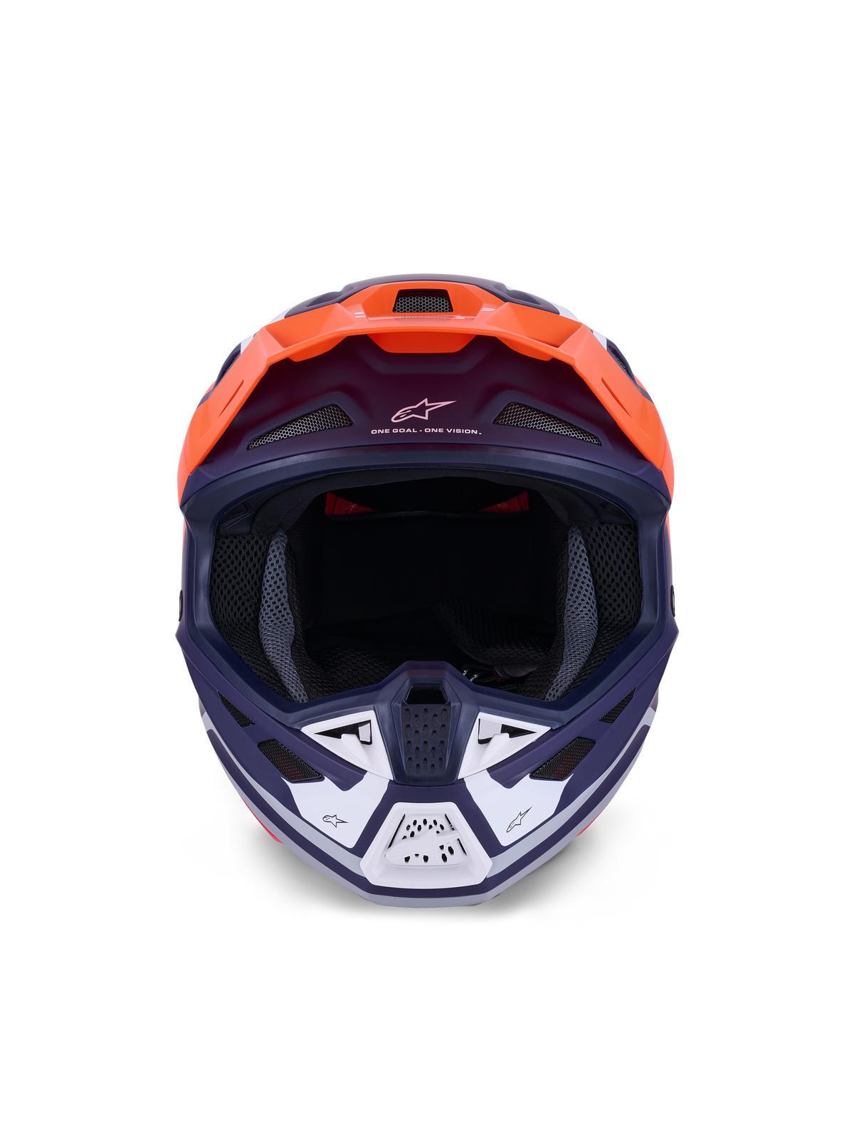 Alpinestars S-M7 Core-hjälm, motocrosshjälm, orange och blå matt, frontvy med vita accenter på hakskyddet, med "One Goal - One Vision"-branding, aerodynamiskt skal för terrängkörning