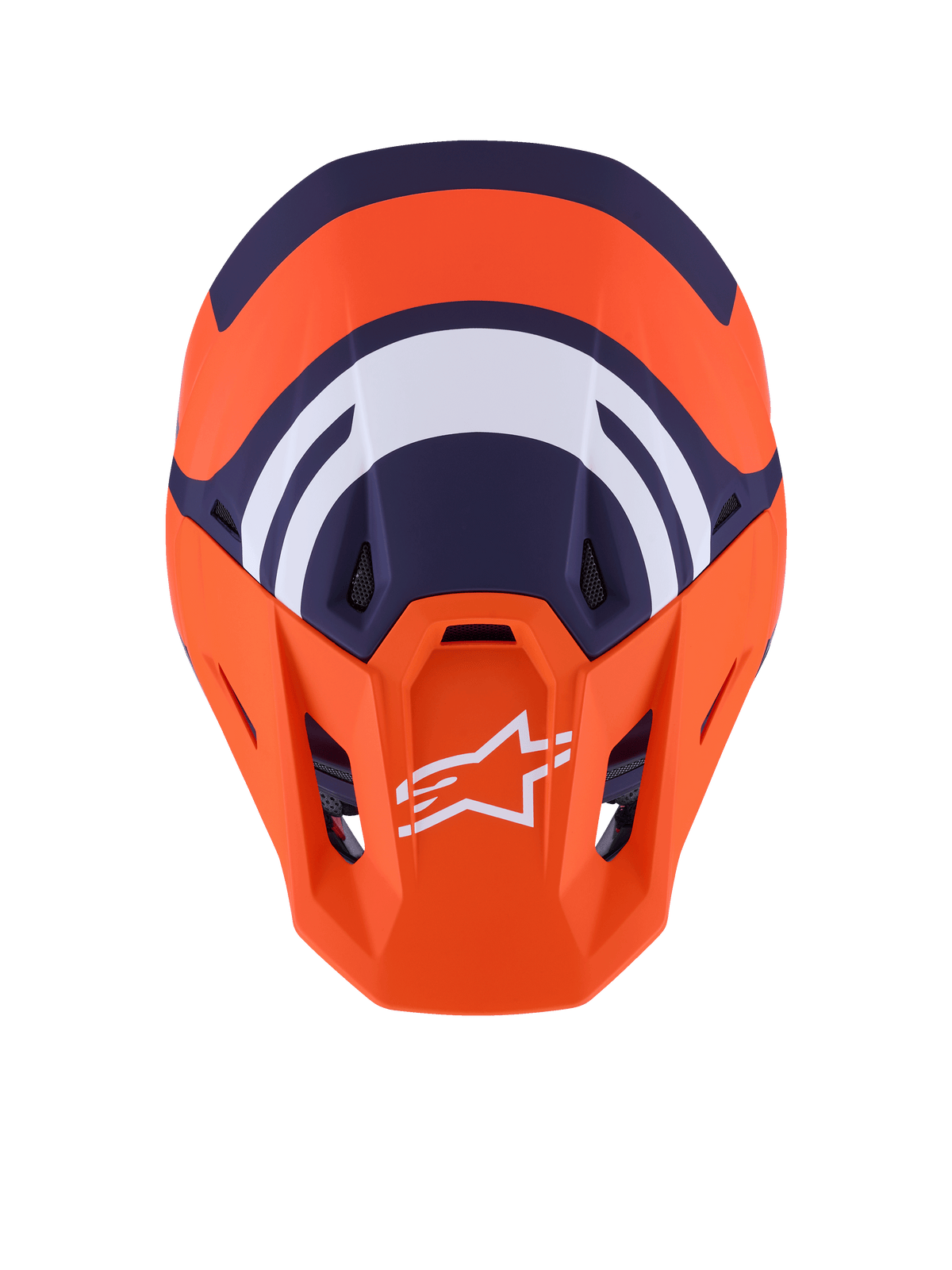 Alpinestars S-M7 Core-hjälm ECE 22.06, motocrosshjälm, matt orange och blå, vy uppifrån som visar marinblå och vit geometrisk grafik, vit Alpinestars-logotyp på orange visir, aerodynamisk skaldesign för terrängkörning