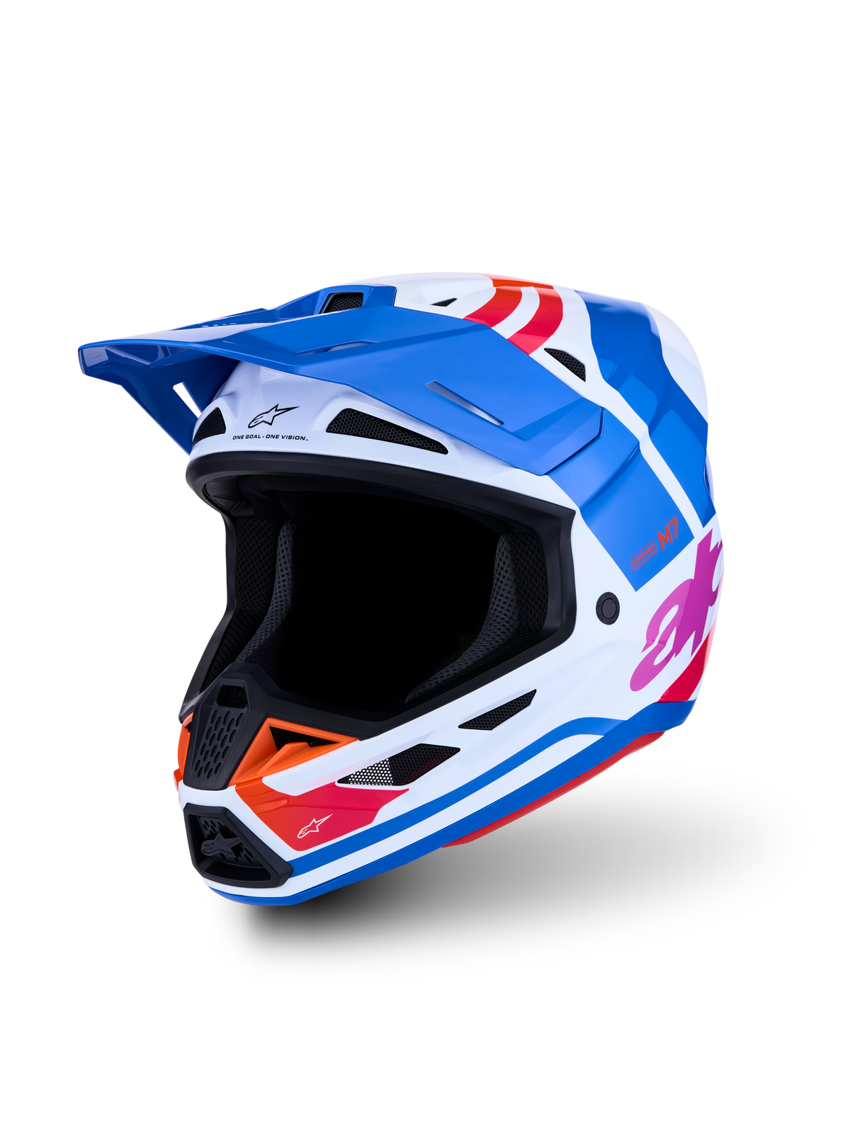 Alpinestars S-M7 Core hjälm ECE06, blå och vit motocrosshjälm med blank orange och rosa grafik, ECE-certifierad för terrängkörning