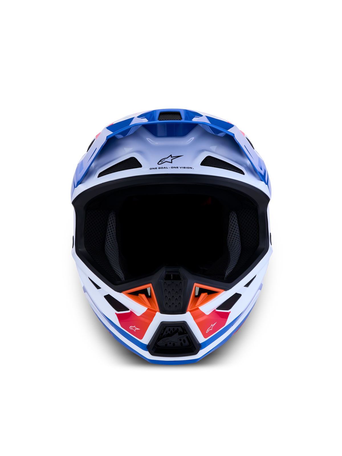 Alpinestars S-M7 Core hjälm ECE06, vit och blå motocrosshjälm med orange detaljer och avancerad ventilation
