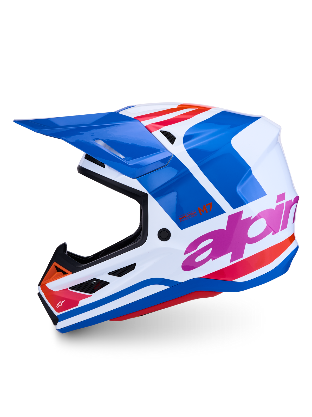 Alpinestars S-M7 Core hjälm ECE06, glänsande blå och vit motocrosshjälm med rosa och orange accenter