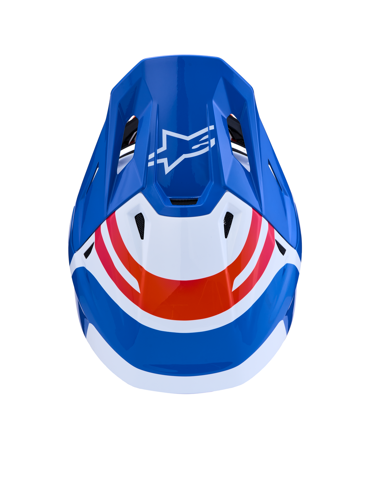 Alpinestars S-M7 Core hjälm ECE06, blå och vit motocrosshjälm med orangea detaljer och Astar-logotyp, aerodynamisk design sedd uppifrån.