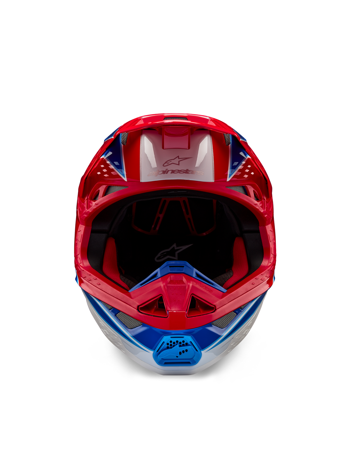 Alpinestars Supertech M10 Aeon ECE 22.06 Helmet, Motocross Helmet, Bright Red Blue Glossy, front-facing view featuring an aerodynamic shell, ventilated chin bar, and red interior padding, bold glossy finish for off-road racing.